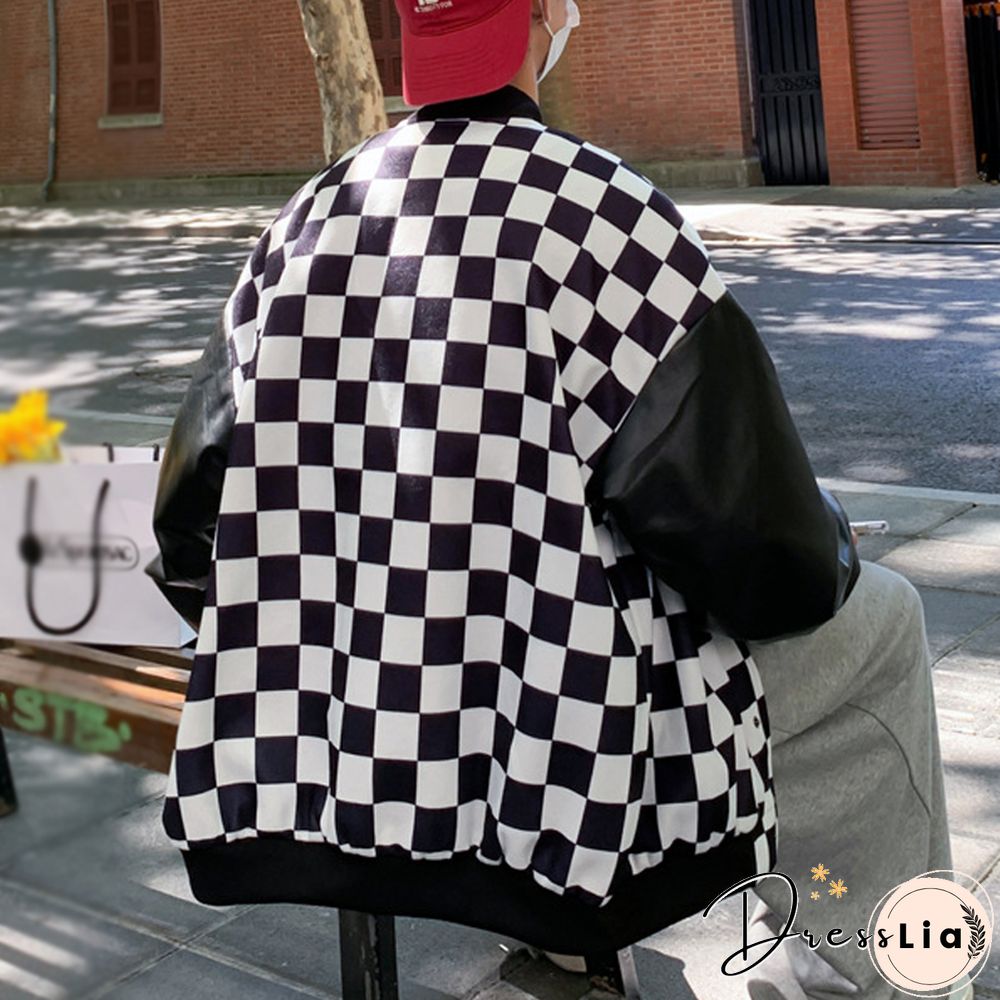 Stylish Patchwork Stand-Up Collar Checkerboard Jacket