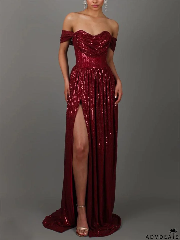 Sexy Ladies Gorgeous Sequins Off Shoulder Backless Evening Dress