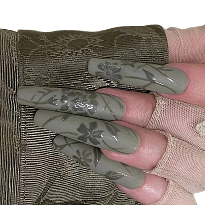 European Fake Nails Green Pear and Green Petals Extra Long Fake Nail Stickers Full Cover Coffin Press On Nail Tips With Glue-Nail Inspo