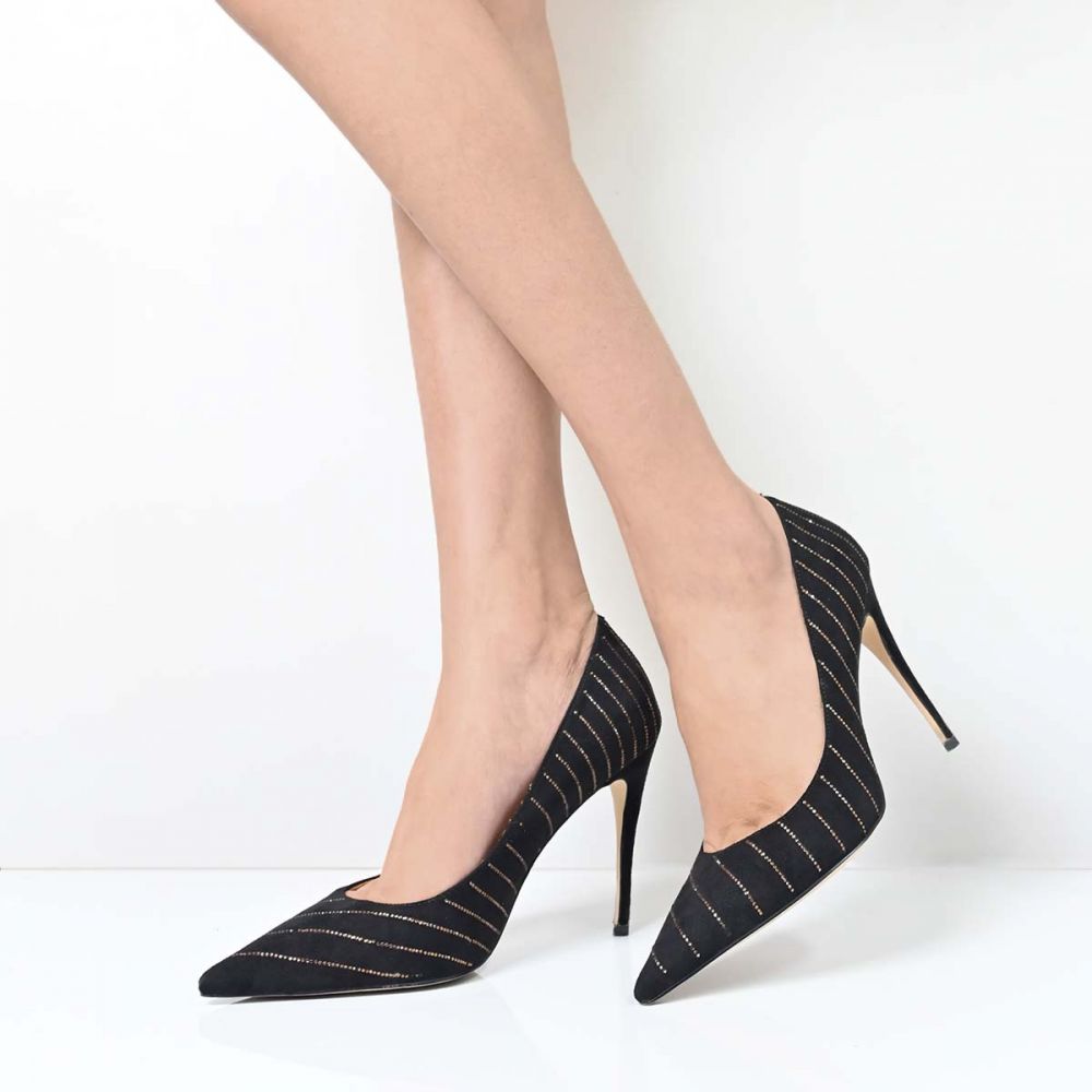 Black Pointed Toe Striped Design Stiletto Heels Office Pumps Nicepairs