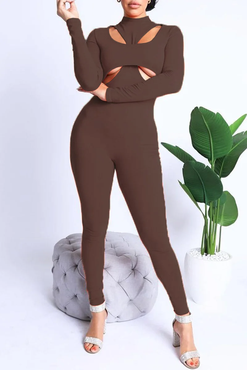 Coffee Sexy Casual Solid Hollowed Out Turtleneck Skinny Jumpsuits