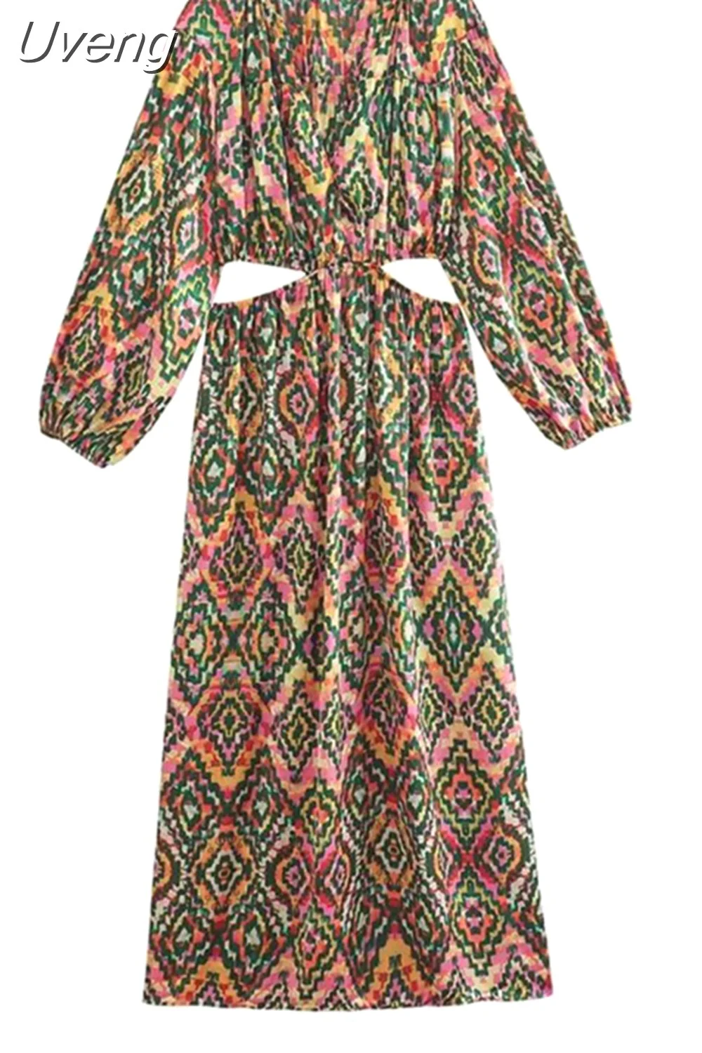 Uveng 2023 Women Summer MIDI Dress Vintage Print V-Neck Hollow Out Long Sleeve Female Elegant Split Dresses Clothing