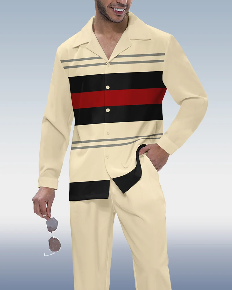 Suitmens Men's Vintage Colorblock Print Long Sleeve Shirt Walking Set 300