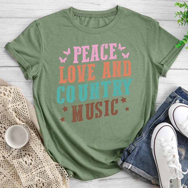 Peace Love And Country Music Round Neck T-shirt-0024599