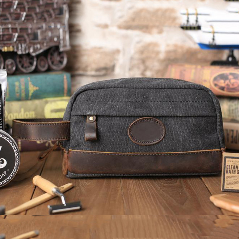 Mens Canvas Leather Toiletry Bag for Men Shaving Kit