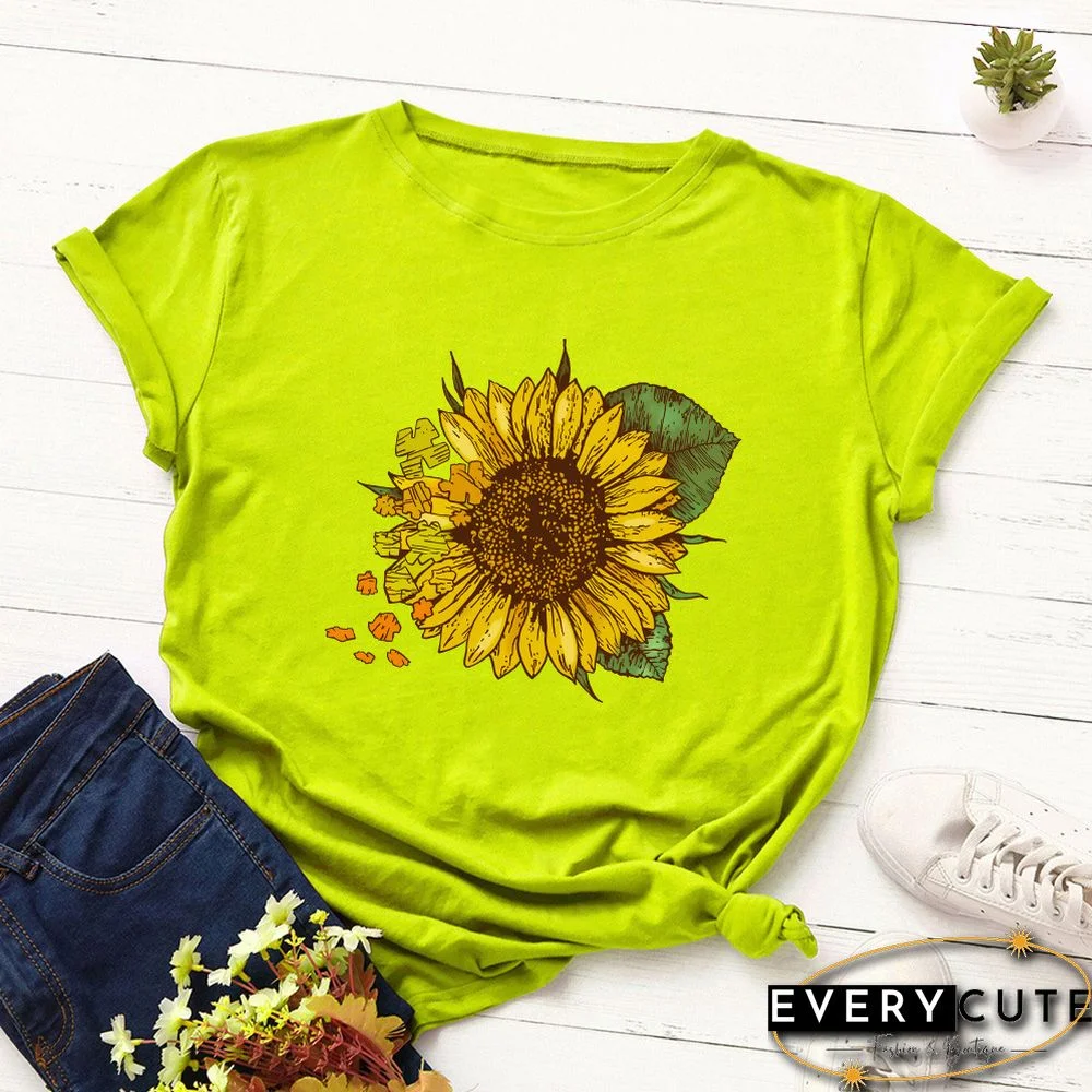 Fluorescent Green Sunflower Print Cotton Short Sleeve Tees