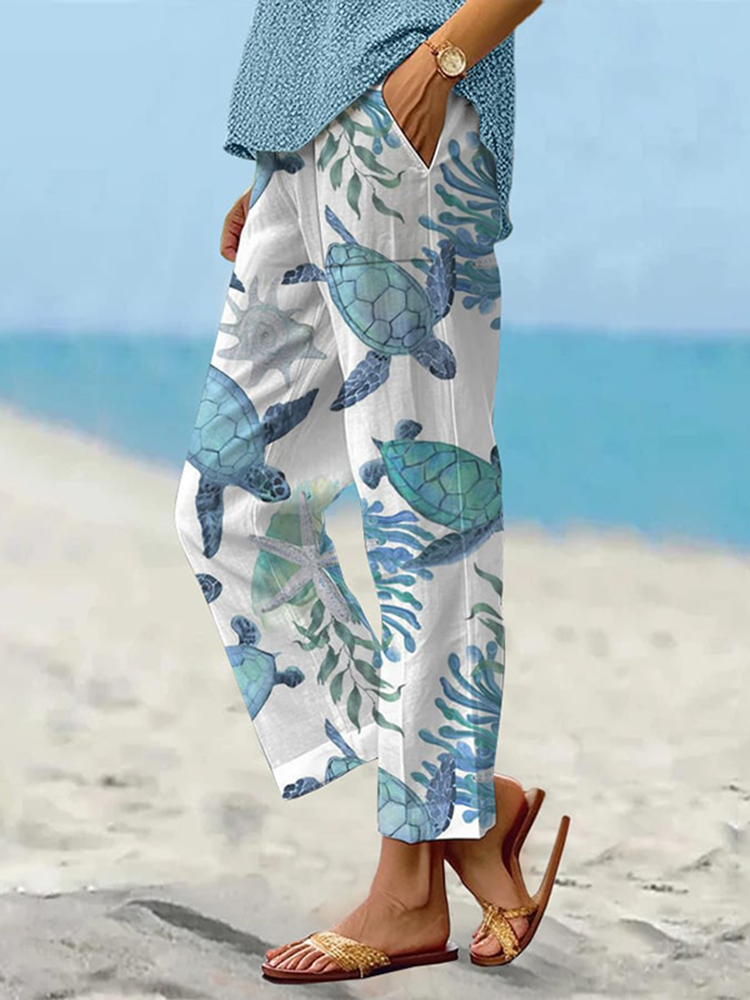 Comstylish Beach Turtle Print Casual Pants
