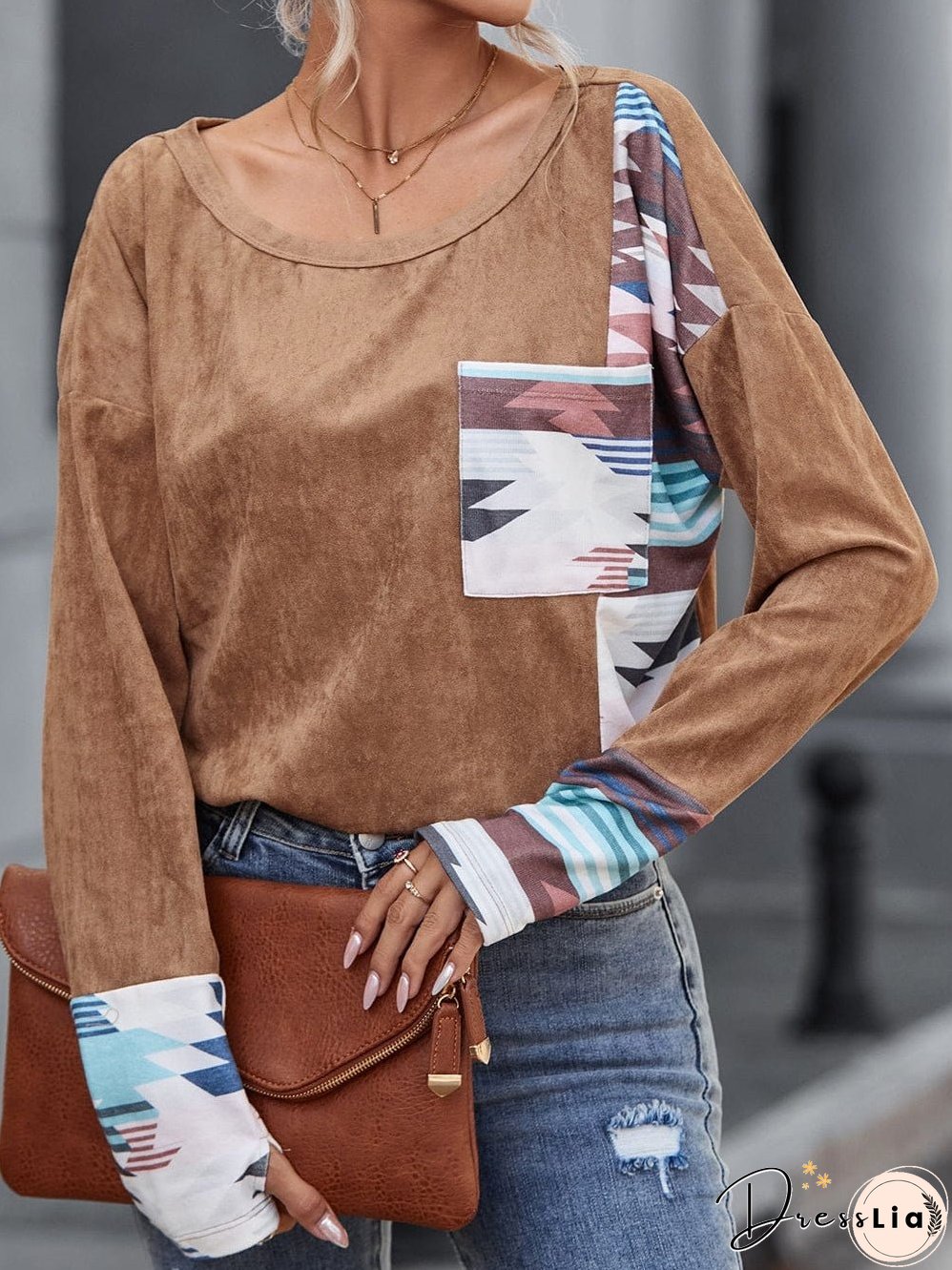 Cozy Brown Aztec Print Patched Pocket Long Sleeve Shirt