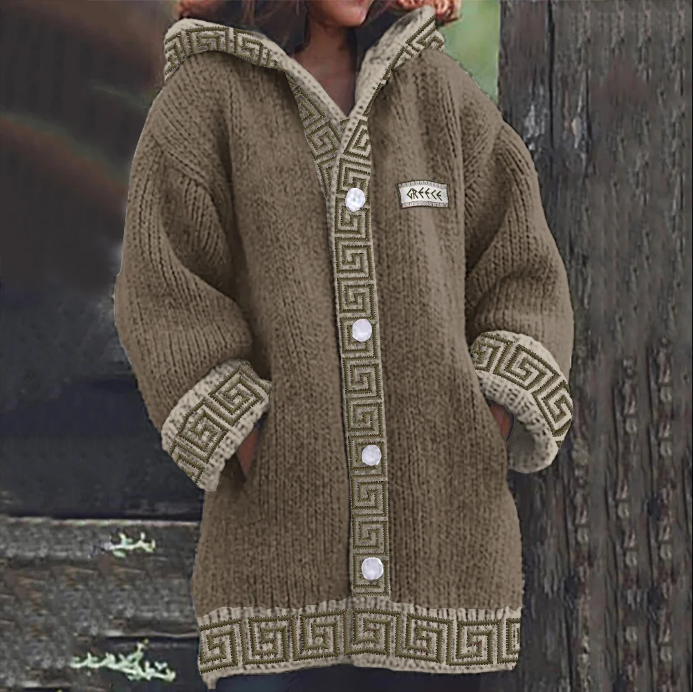 Greek Key Pattern Cozy Knit Hooded Cardigan