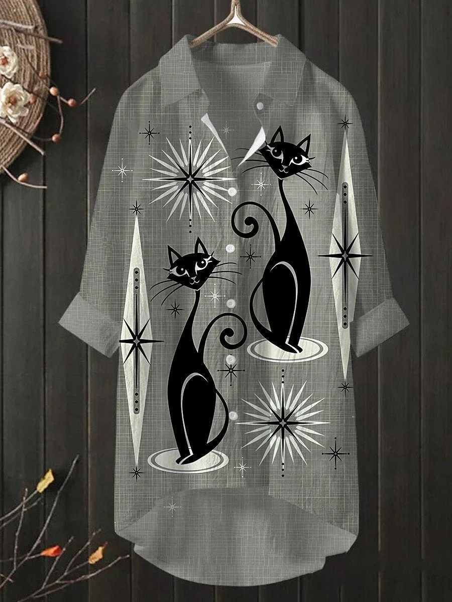 Women's Vintage Cat Art Print Casual Shirt