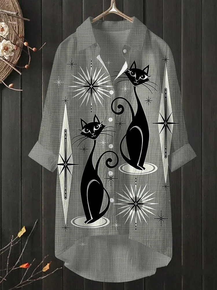 Women's Vintage Cat Art Print Casual Shirt socialshop