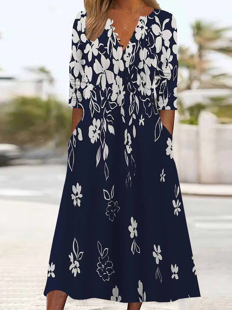 Women Floral,Blue DZHB8274 Long Sleeve V-Neck Graphic Printed Midi Dress