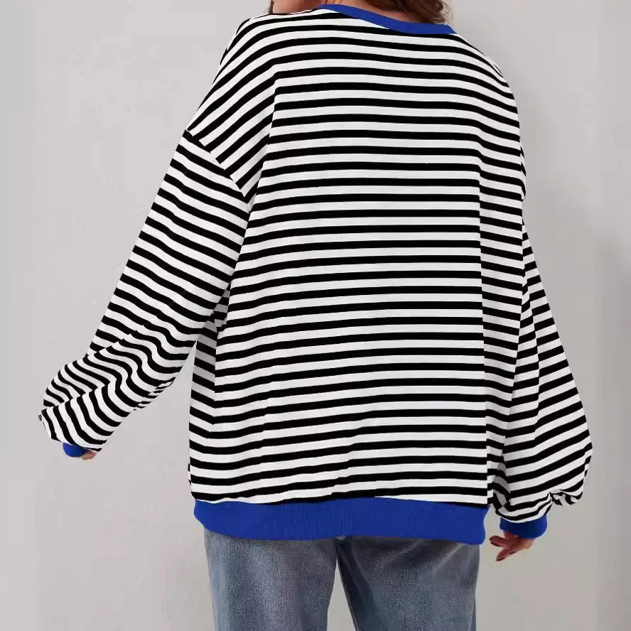 Women's Casual Stripe Colorblock Pattern Round Neck Long Sleeve Pullover T-Shirt 