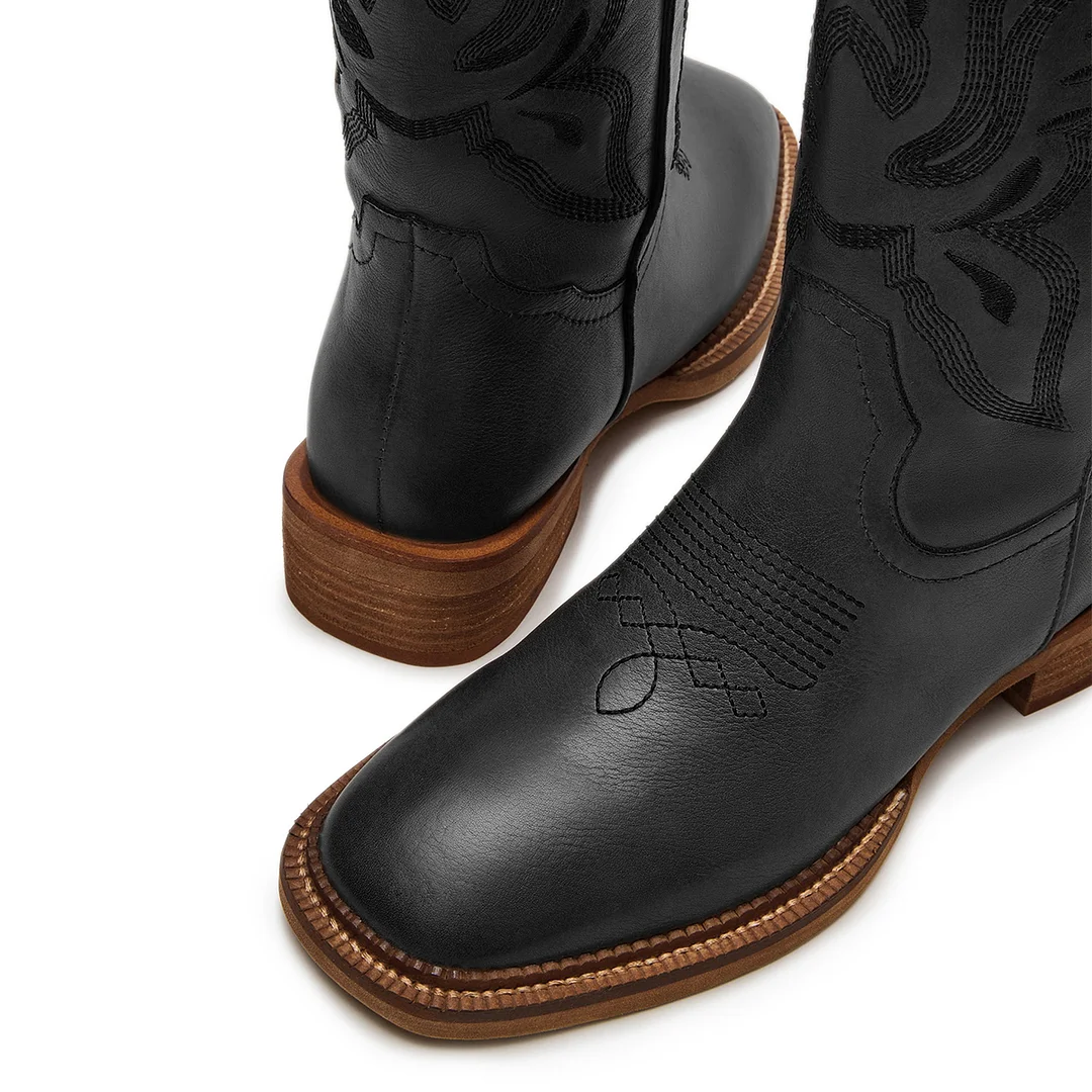 Black Vegan Leather Sophisticated Square Toe Embroidered Pull-On Boots