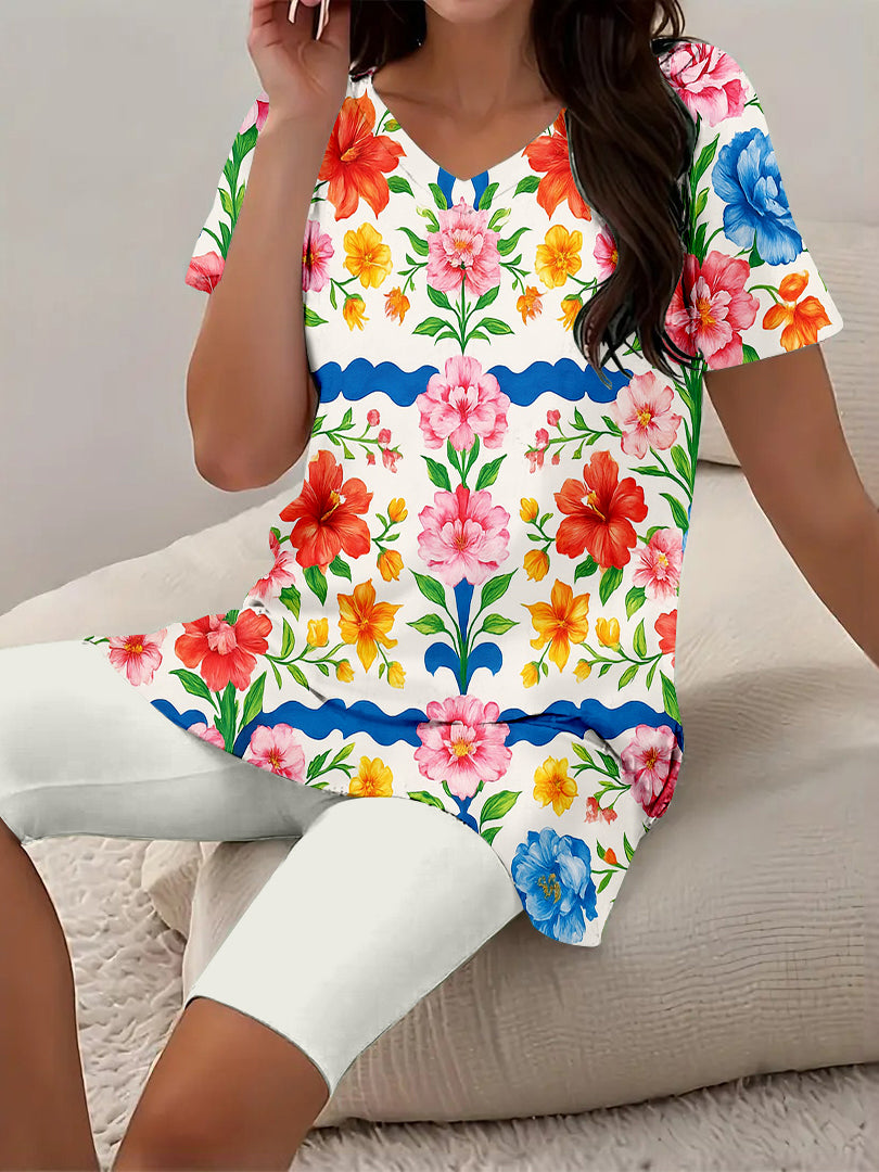 Women Long Sleeve V-neck Graphic Floral Printed Top
