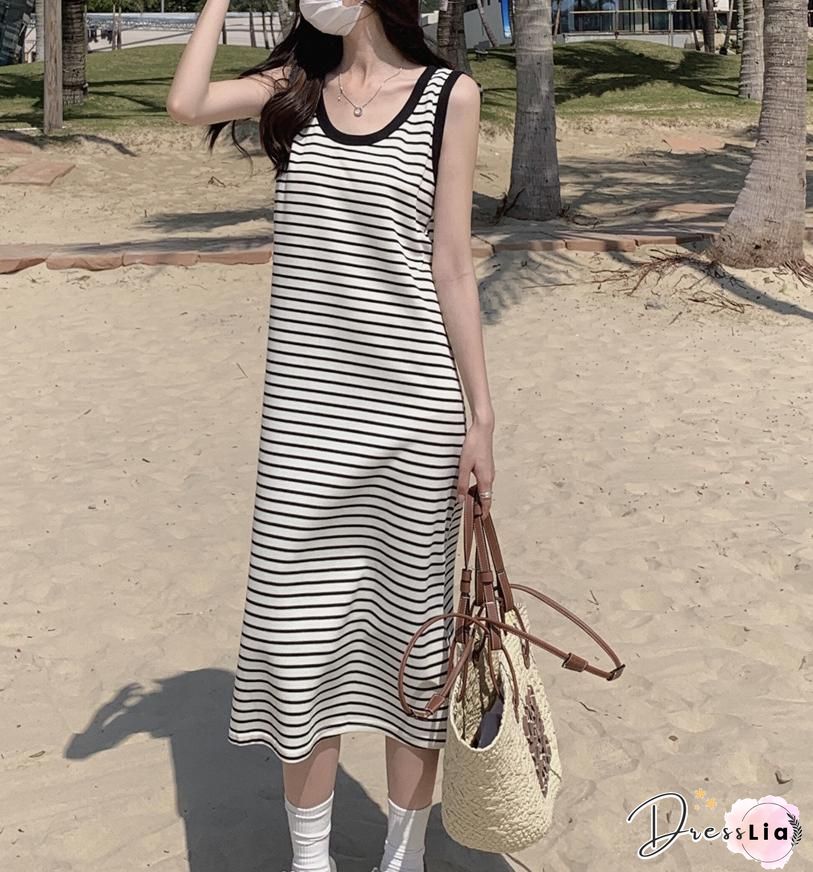Stripe Print Backless Bandage Maxi Dresses