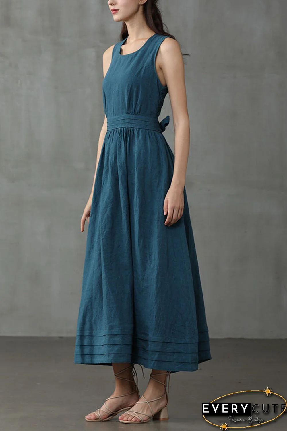 Cross Back O Neck Maxi Linen Dress