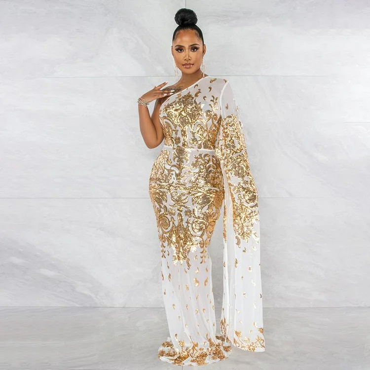 Promsstyle Promsstyle See through mesh embroidery sequin one shoulder dress Prom Dress 2023