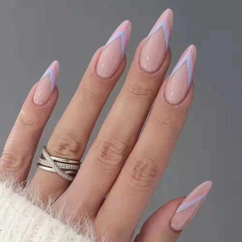 Bonusbuk 24Pcs French Fake Nails With Green Leaf Print Design Long Stiletto False Nail Wearabe Almond Press on Nails Full Cover Nail Tips
