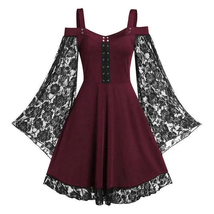 Plus Size Gothic Lace Flared Sleeve Slip Dress - Modakawa modakawa