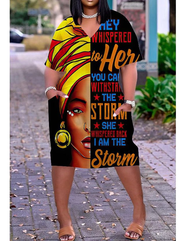 African Girl  Print Plus Size V Neck Mid Sleeve Dress