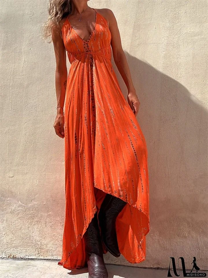 MidiSono - Boho Style Lady Sexy Big Swing Spaghetti Strap Dress