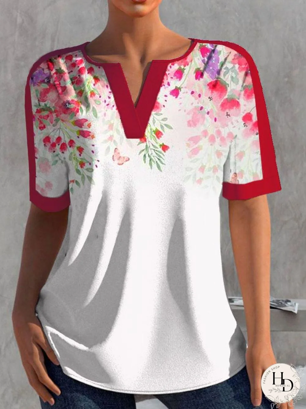 Red Flower And Green Leaves Printed T-Shirt