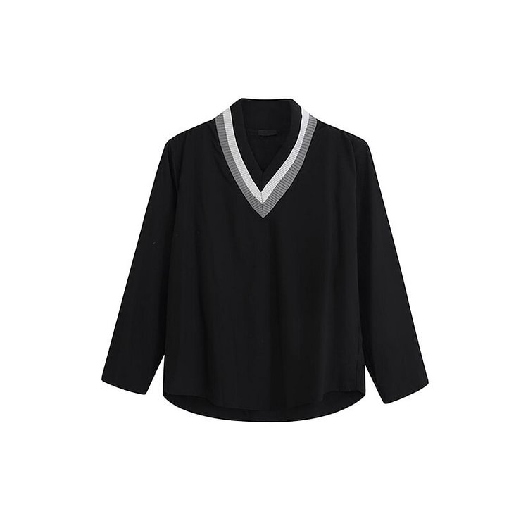 Casual Loose Contrast Color V-neck Long Sleeve T-Shirt      