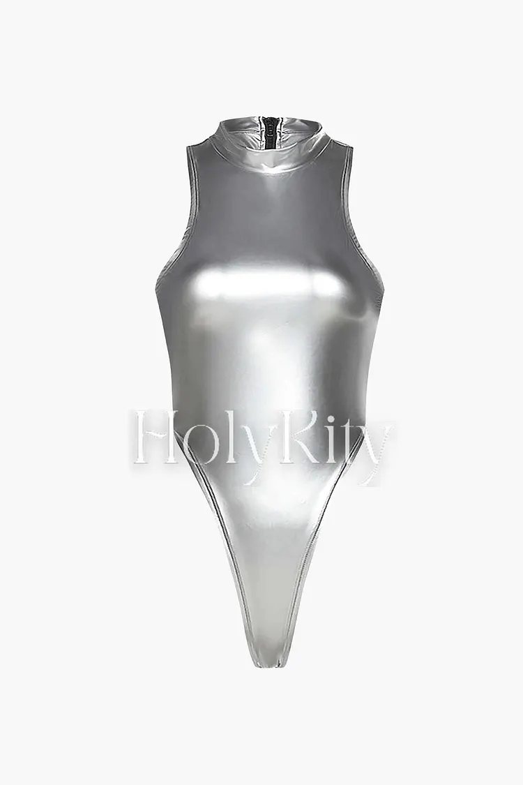 Metallic Mock Neck Sleeveless Bodysuit