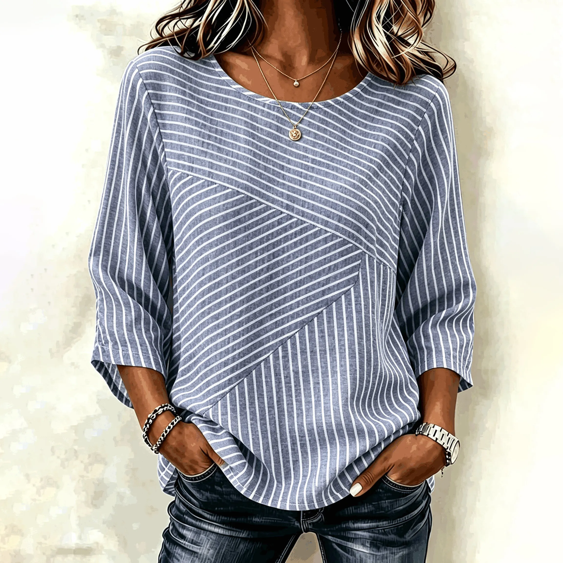 Comstylish Women's Retro Elegant Striped Art Pattern Casual Crew Neck T-shirt