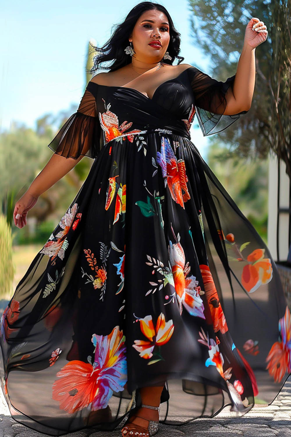 Design Plus Size Vacation Boho Black Floral Off The Shoulder Flare Half Sleeve Mesh Maxi Dresses [Pre-Order]