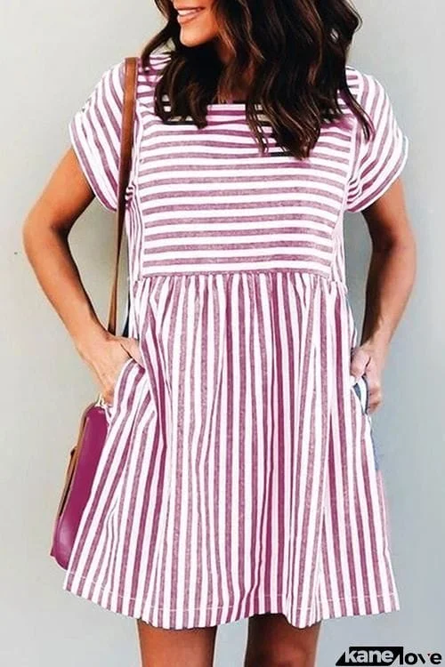 Stripe Short Sleeve Pocekts Mini Dress