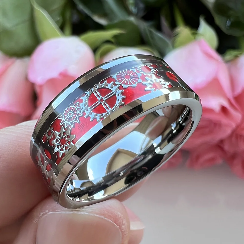 8MM Women's or Men's Tungsten Carbide Wedding Gear Rings Silver with Mechanical Gear Red Carbon Fiber