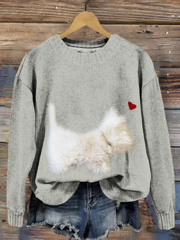 VChics Cute Fuzzy Puppy Graphic Crew Neck Comfy Sweater