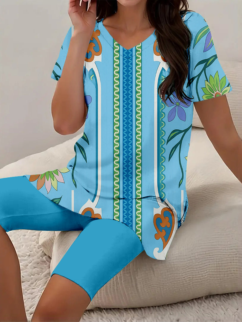 Women Long Sleeve V-neck Graphic Floral Printed Top