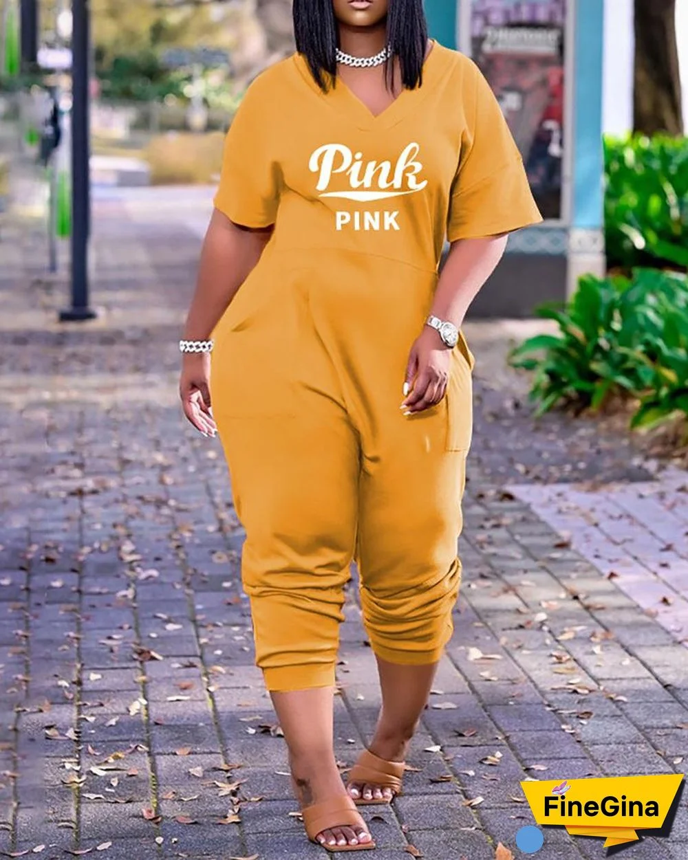 Letter Print V-Neck Short Sleeve Pocket Design Jumpsuit