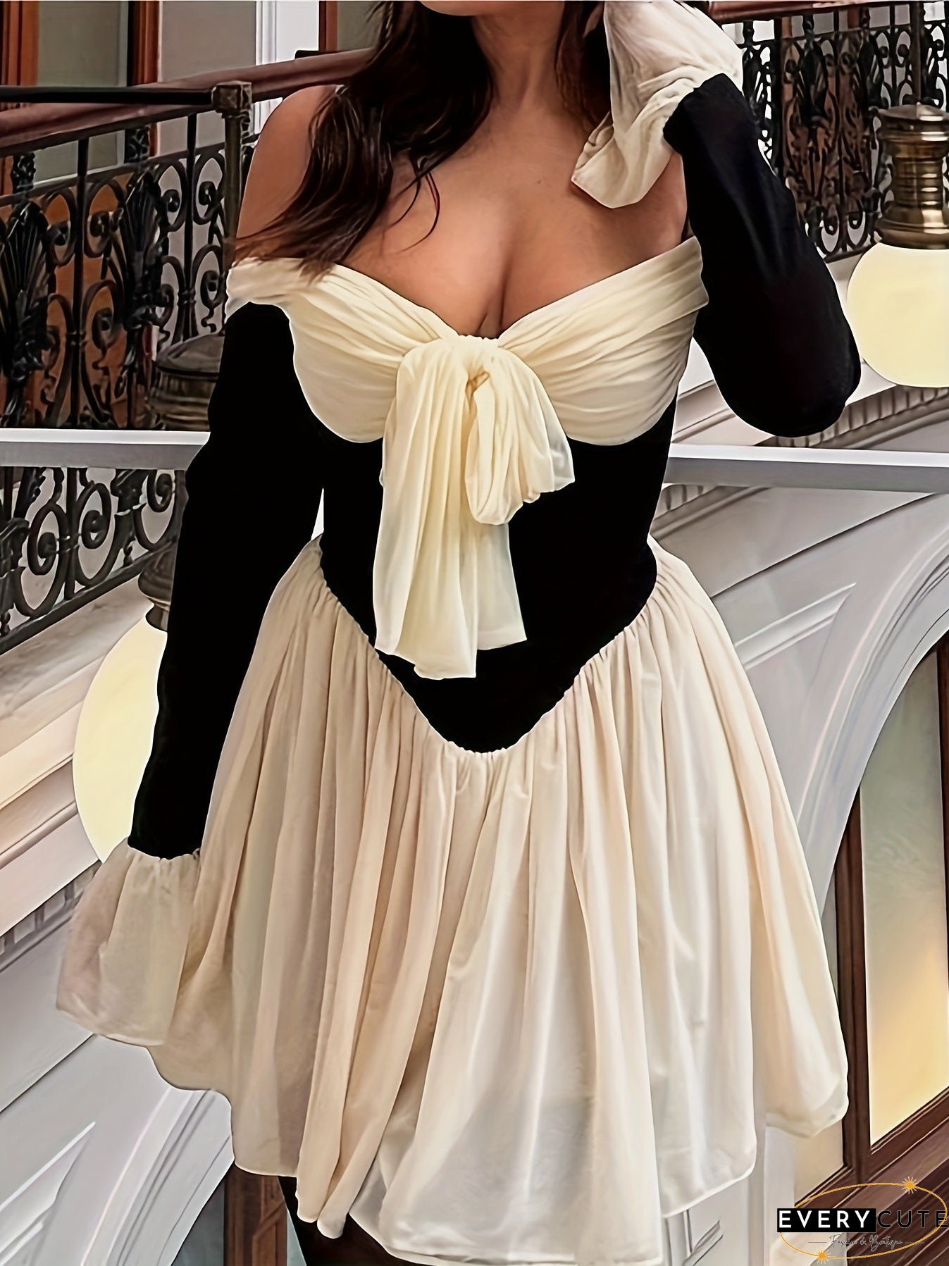 Asymmetrical Color Block Mini Dress, Elegant Long Sleeve Dress For Party & Club, Women's Clothing