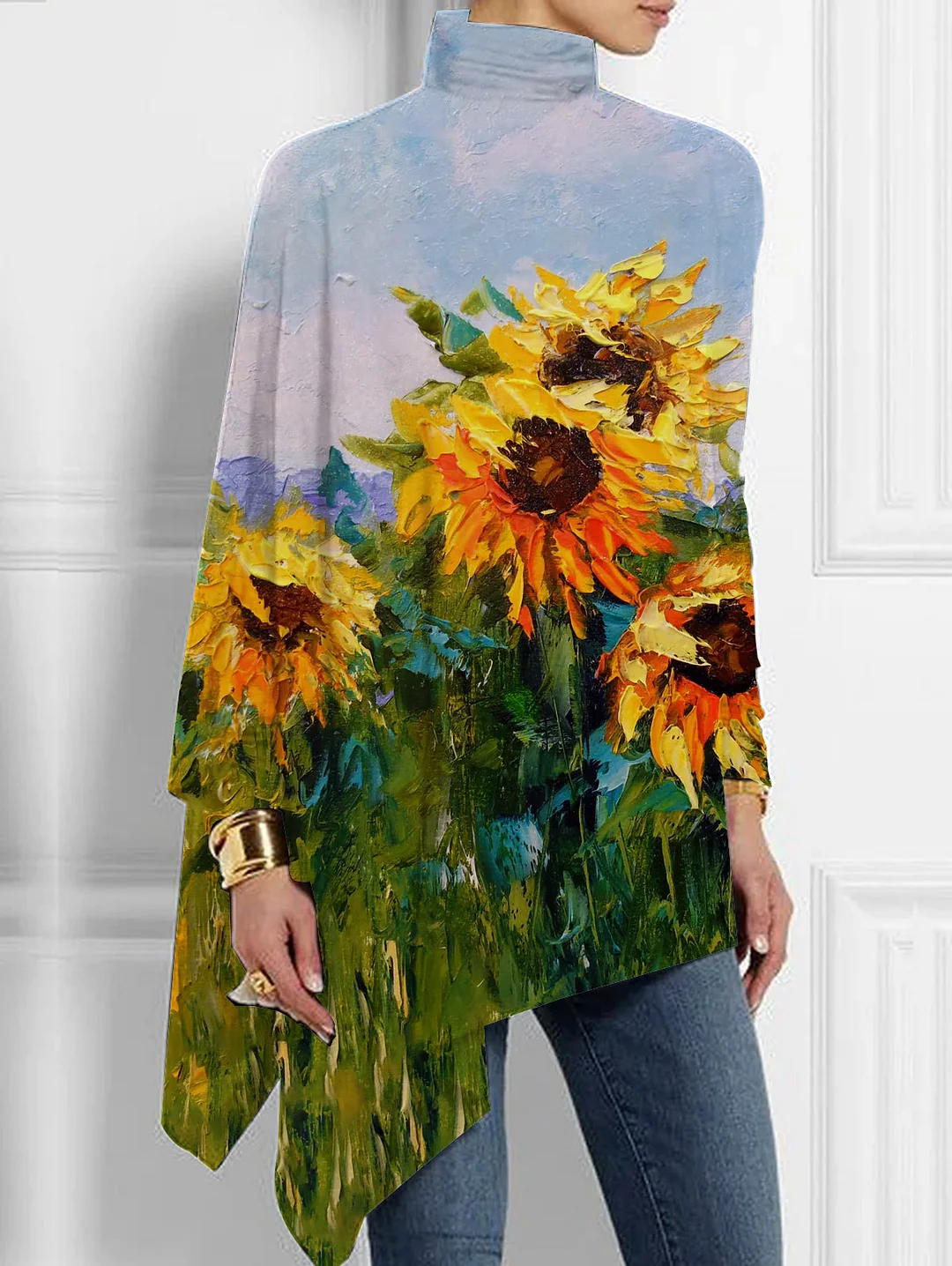 UR Oil Painting Flower Graphic Turtleneck Asymmetrical Top
