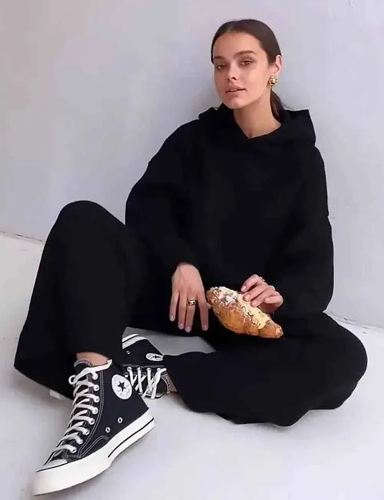 Solid Color Hoodie Top and Pant Set Sweater Set 9263