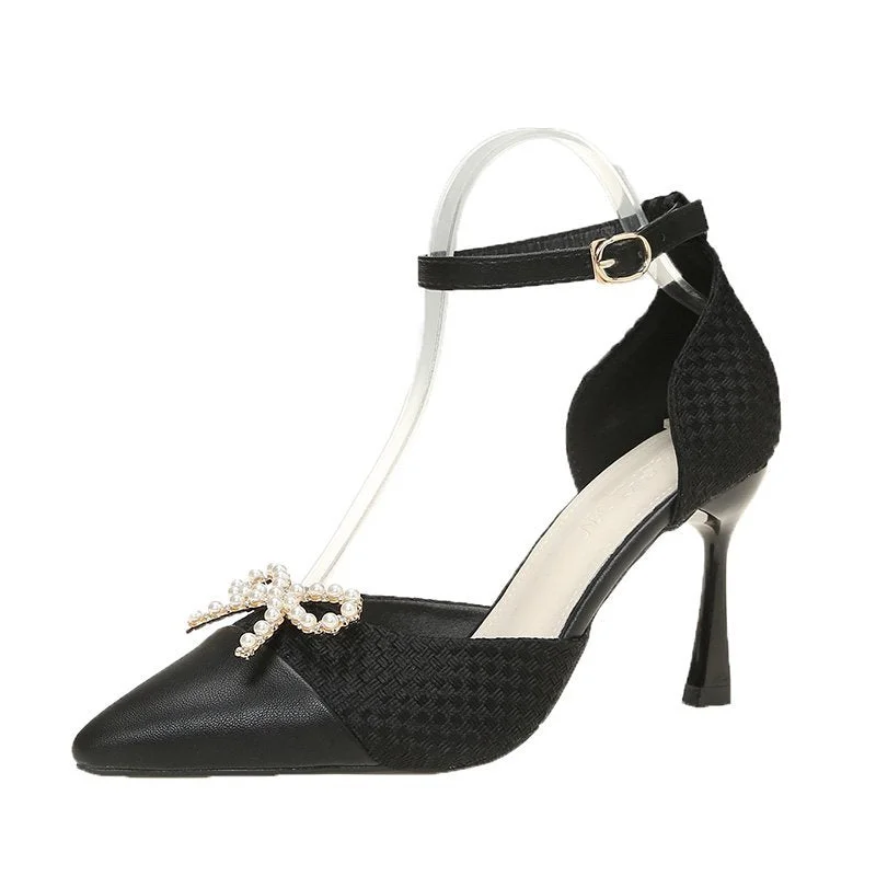 Women Sexy Pearl Bowknot Pumps 2022 New Ankle Strap Thin High Heels Party Shoes Woman Spring Summer Pointed Toe Sandals