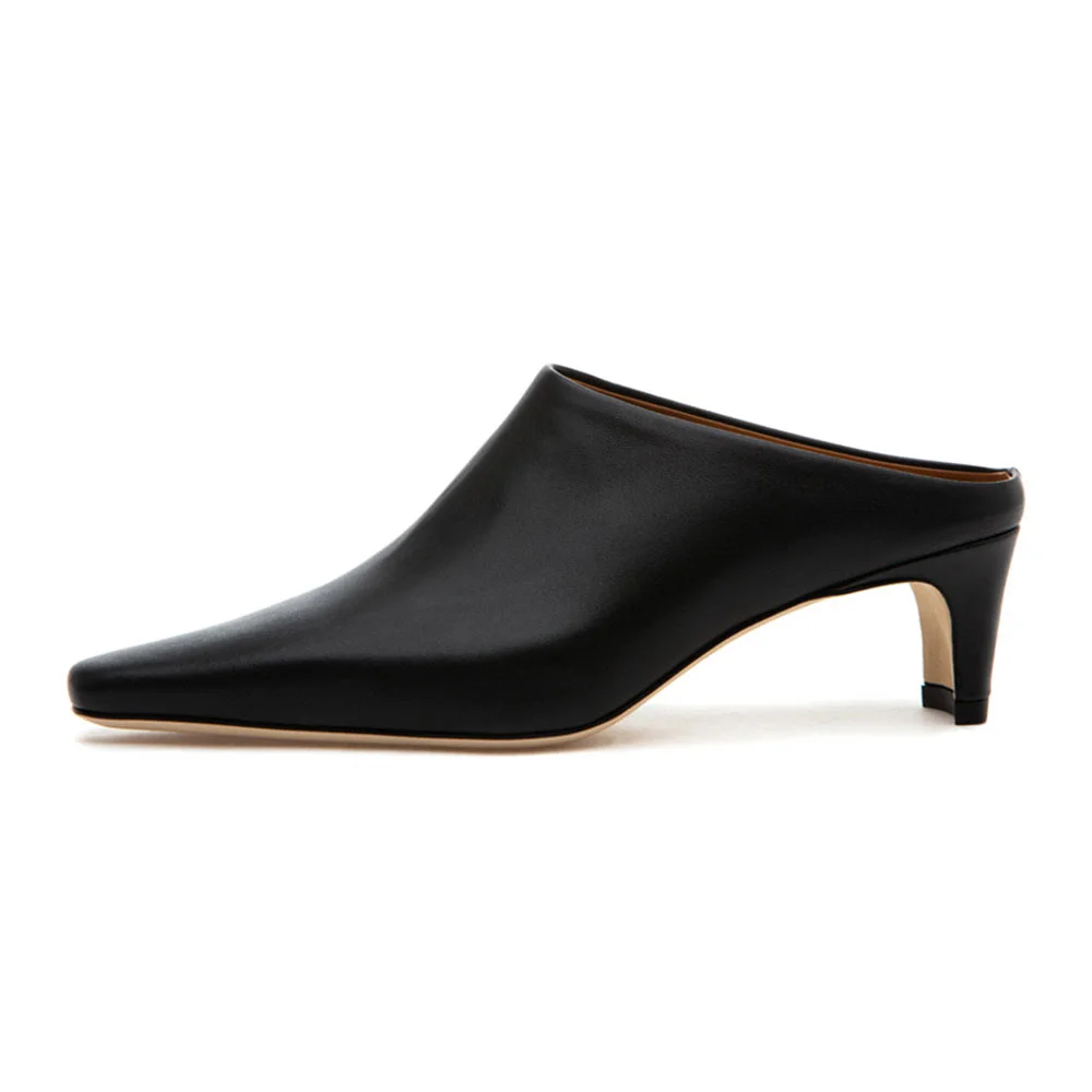 Black Vegan Leather Slip-On Square Toe Chunky Heel Womens Mules Shoes
