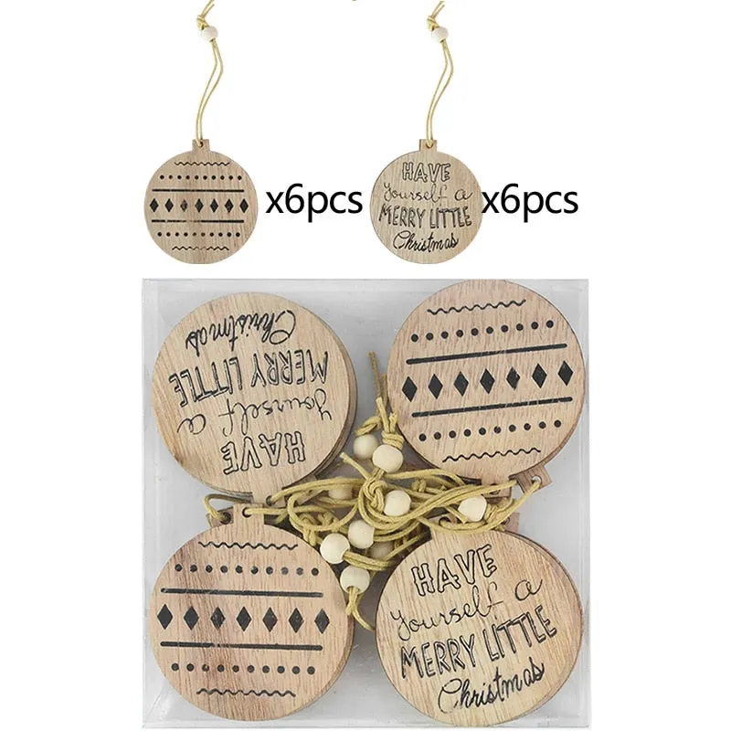12pcs/box Christmas Wooden Pendants Xmas Tree Hanging Ornaments DIY Wood Crafts For Home Christmas Party New Year Decorations