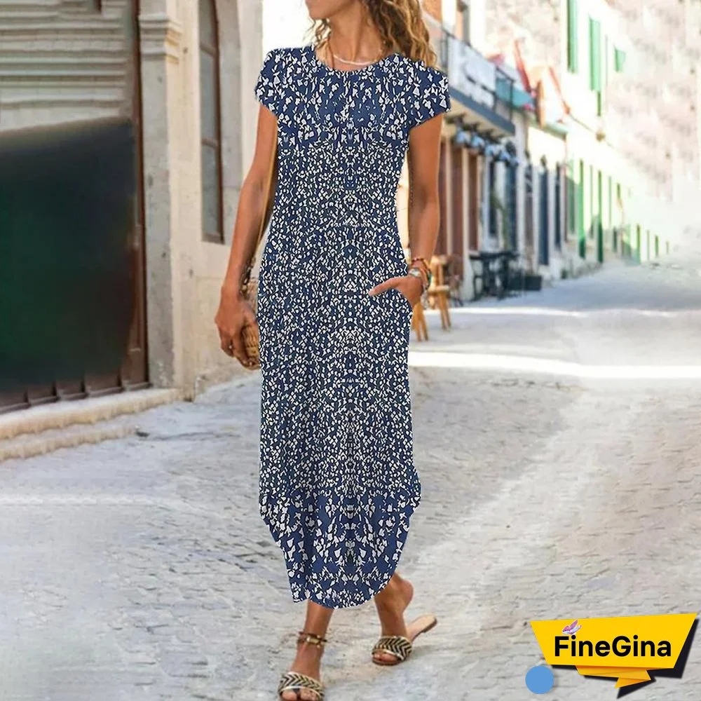 Royal Blue White Floral Print Round Collar Midi Dress