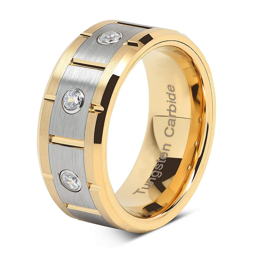 6MM 8MM Mens Women Tungsten Ring for Men Womens 14k Gold & Silver Center Brushed CZ Inlaid Grooved Couple