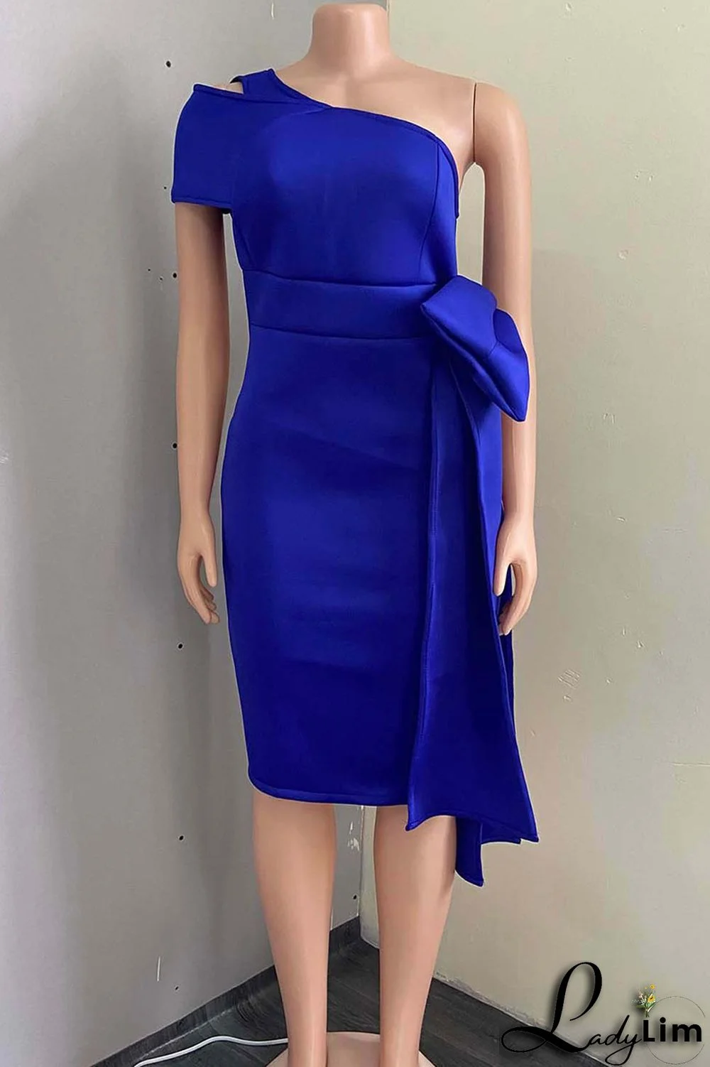 Light Blue Casual Elegant Solid Split Joint With Bow Oblique Collar Dresses