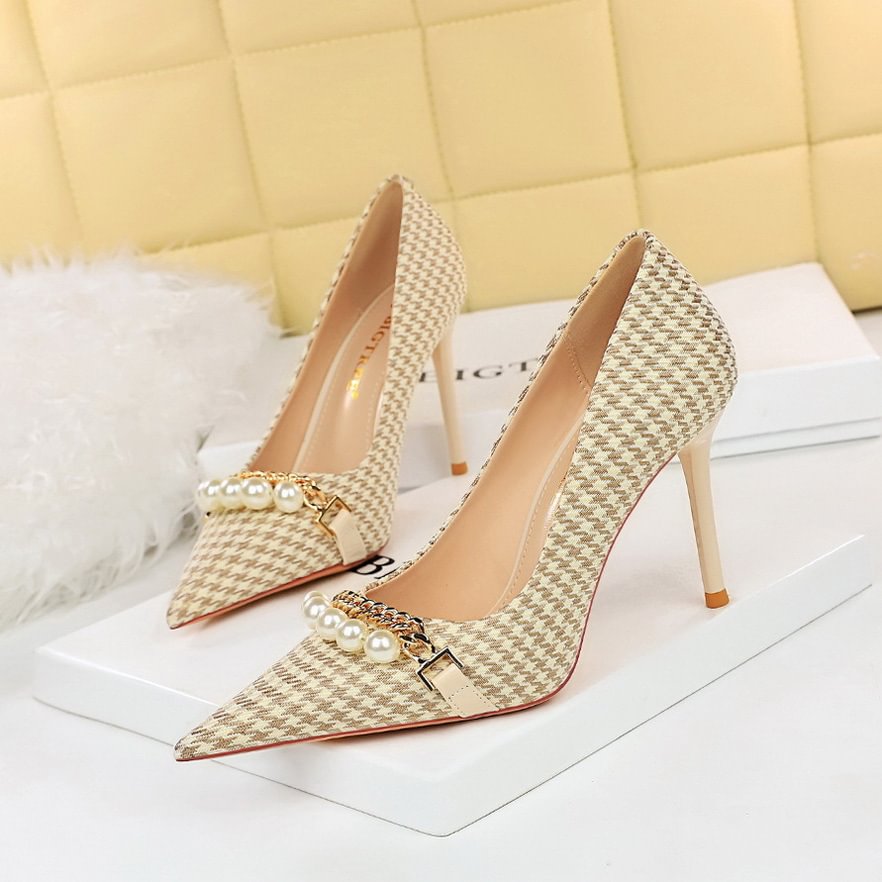 Shallow Mouth Pointed Pearl Chain Plaid Women's Single Shoes-PABIUYOU- Women's Fashion Leader