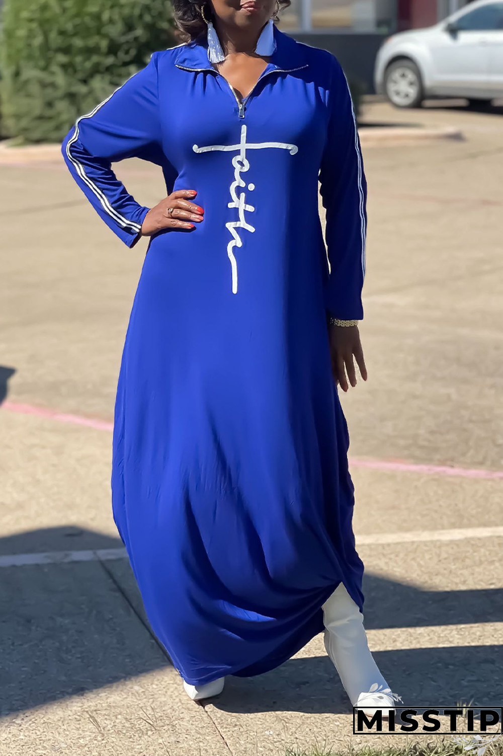 Blue Street Print Patchwork Zipper Collar Straight Dresses