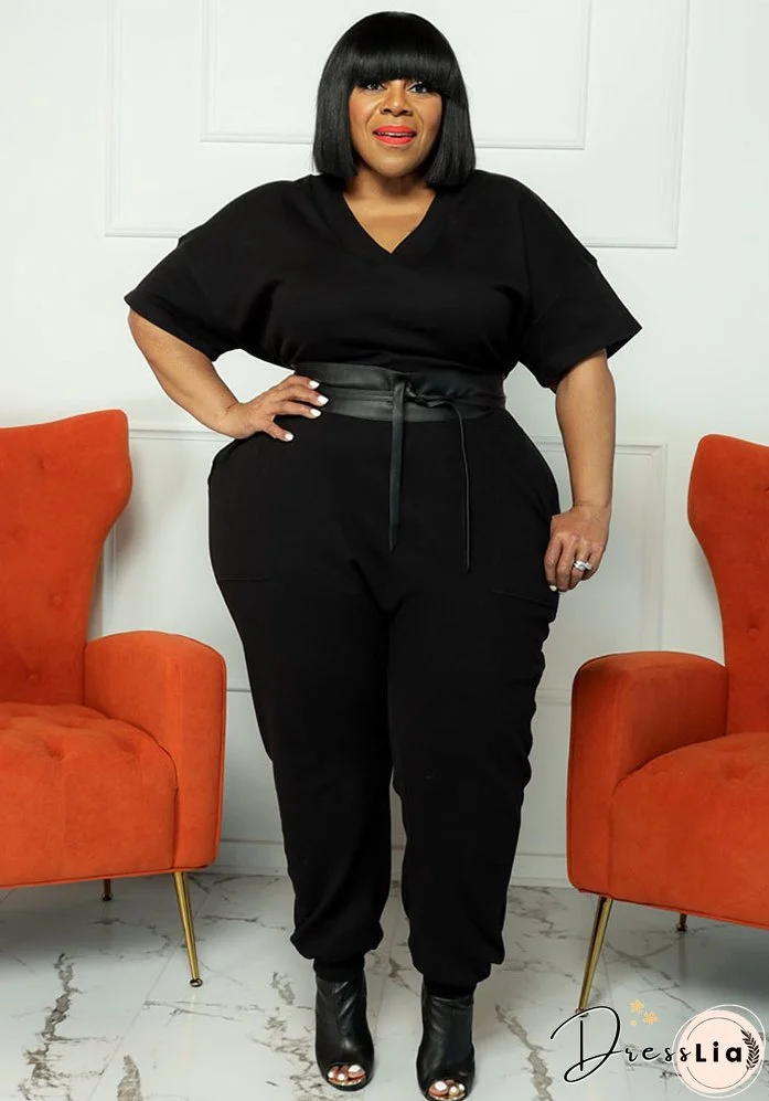 Spring Plus Size Women's Solid Short Sleeve V-Neck Jumpsuit