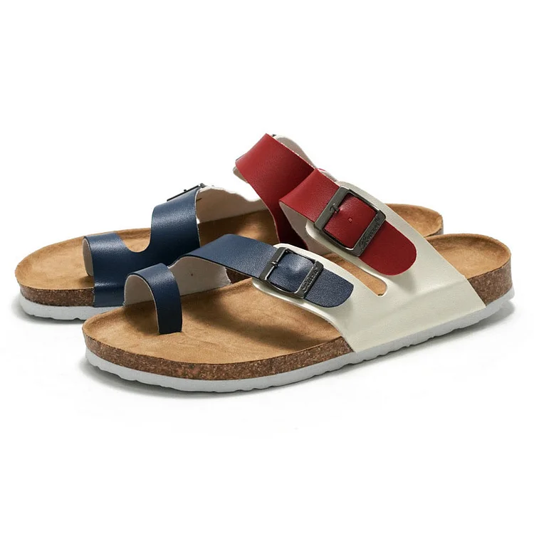 Colorblock PU Leather Buckle Clip Toe Beach Casual Slippers