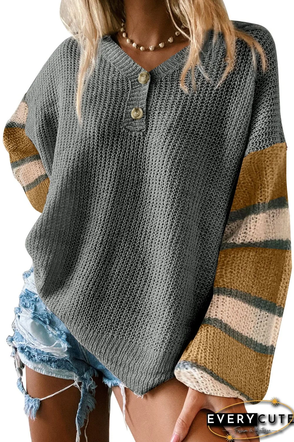 Gray Striped Raglan Sleeve Drop Shoulder Sweater